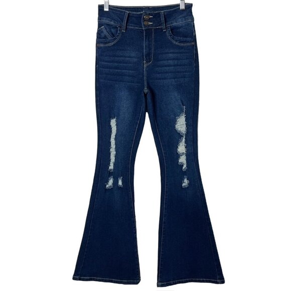 Sweet Look Women's Flare Jeans 7 Tall Bell Bottom Distressed Dark Wash High Rise - Picture 1 of 10